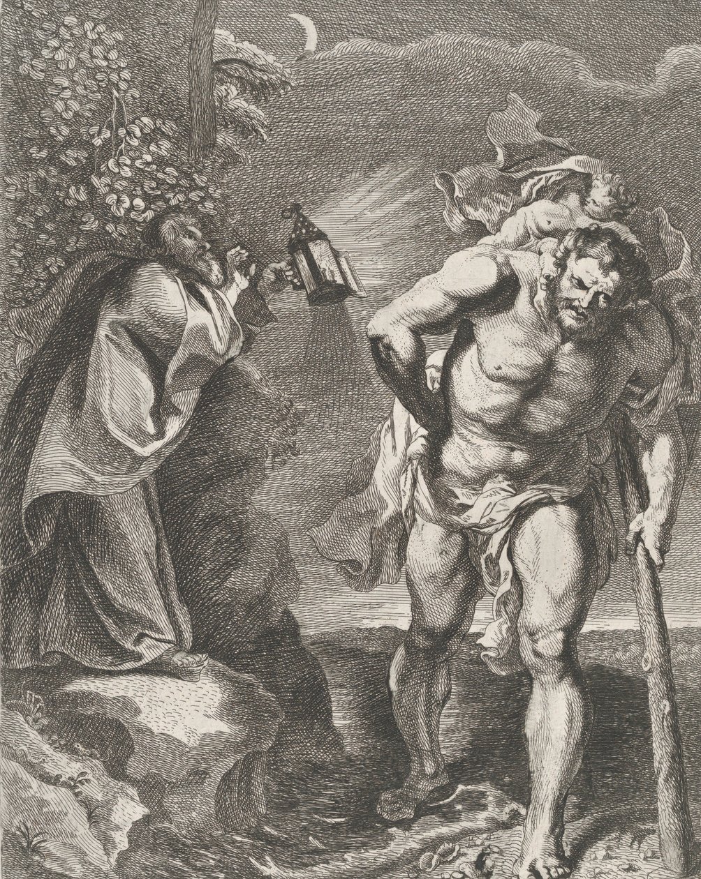 San Cristoforo che Porta il Bambino Gesù Attraverso un Ruscello, un Altro Uomo che Tiene..., ca. 1636-80 da Remoldus Eynhoudts