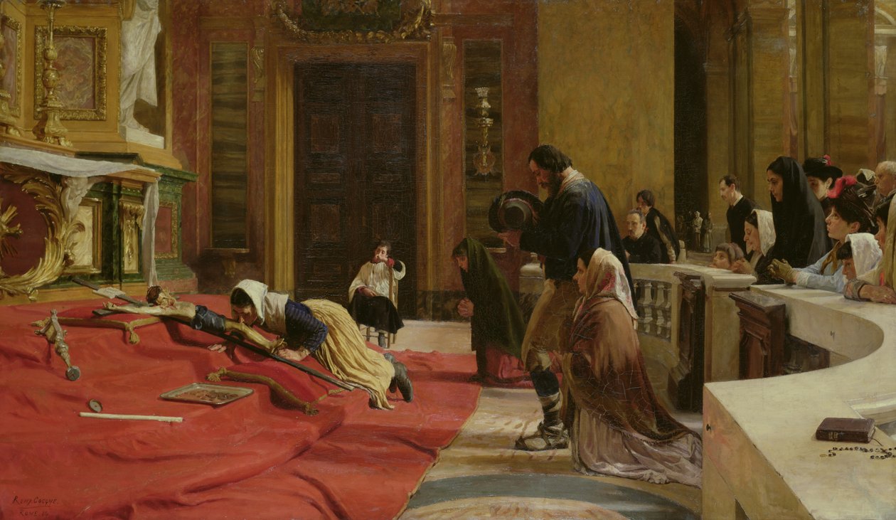 Strisciando verso la Croce il Venerdì Santo nella chiesa di San Carlo ai Catinari, Roma, 1884 da Remy Cogghe