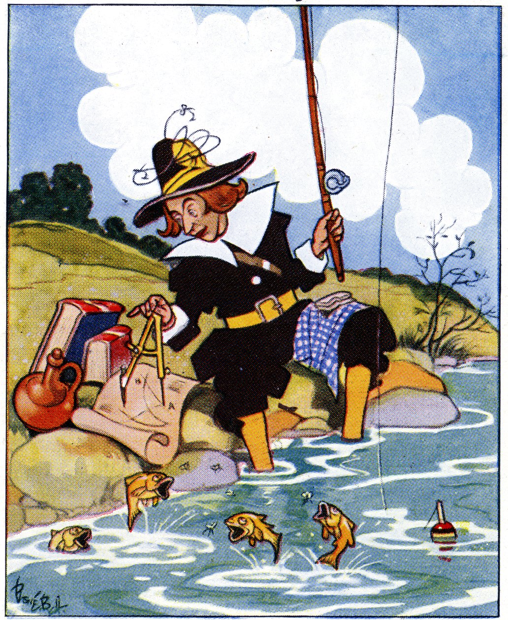 Izaak Walton studia gli angoli di Euclide mentre pesca, 1936 da René Bull