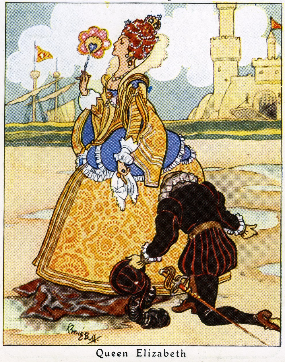 Sir Walter Raleigh stende il suo mantello davanti alla regina Elisabetta I per camminare su una pozzanghera da René Bull