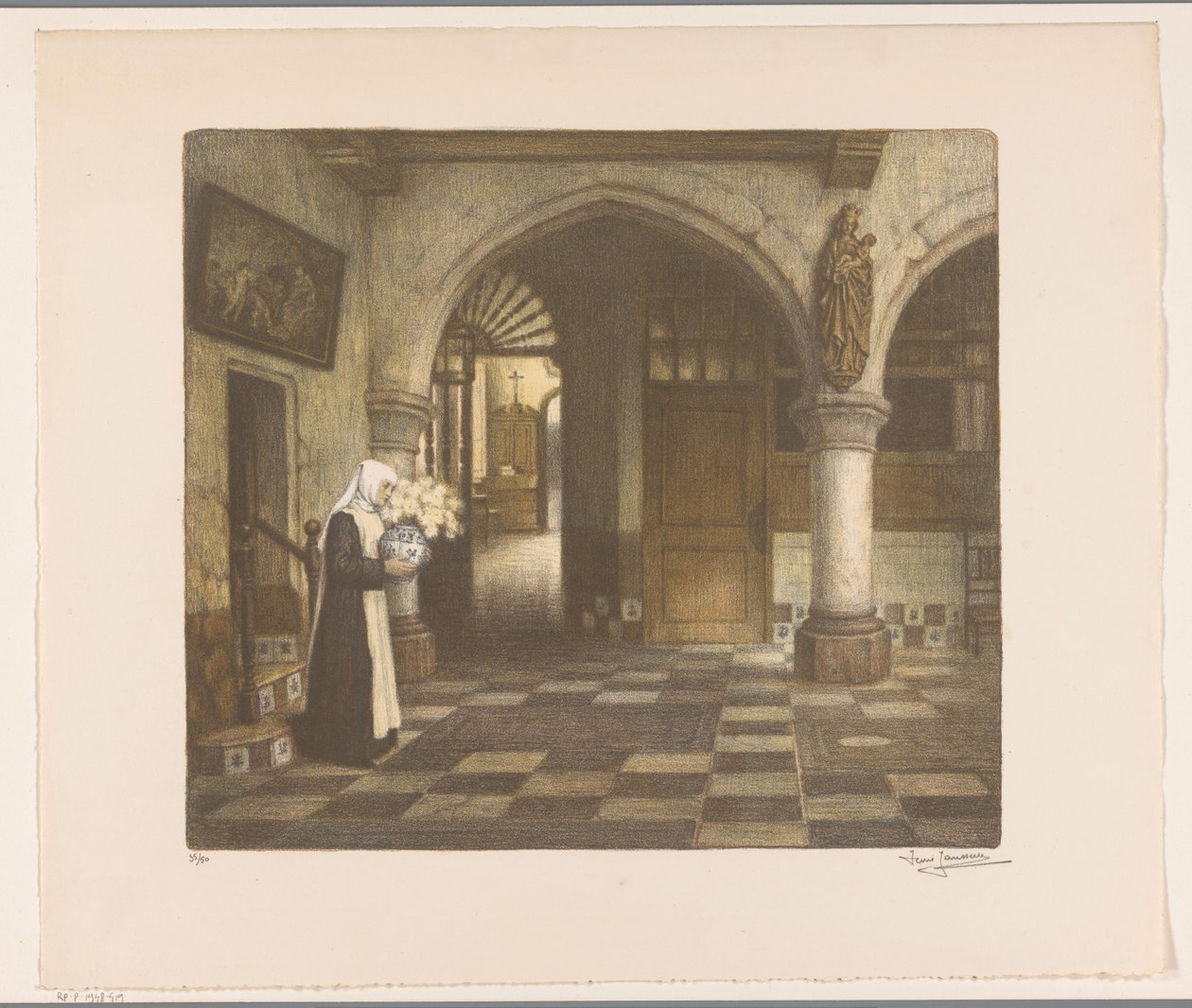 Suora in un chiostro con un vaso di fiori da René Janssens (signed by artist)
