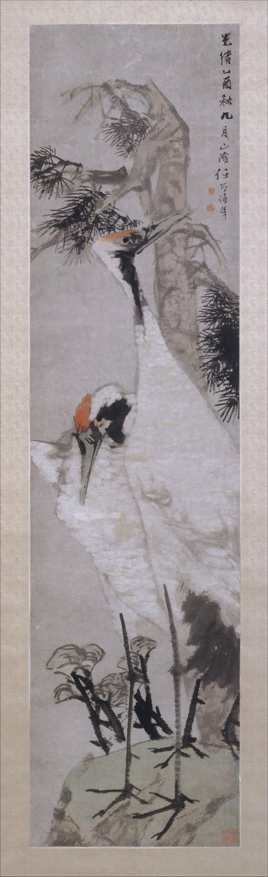 Gru, pino e lichene, datato 1885 da Ren Yi