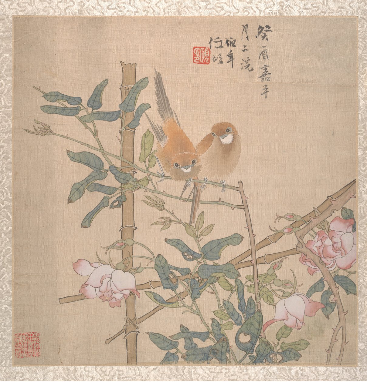 Due uccelli posati su un cespuglio di rose in fiore, fine XIX secolo da Ren Yi