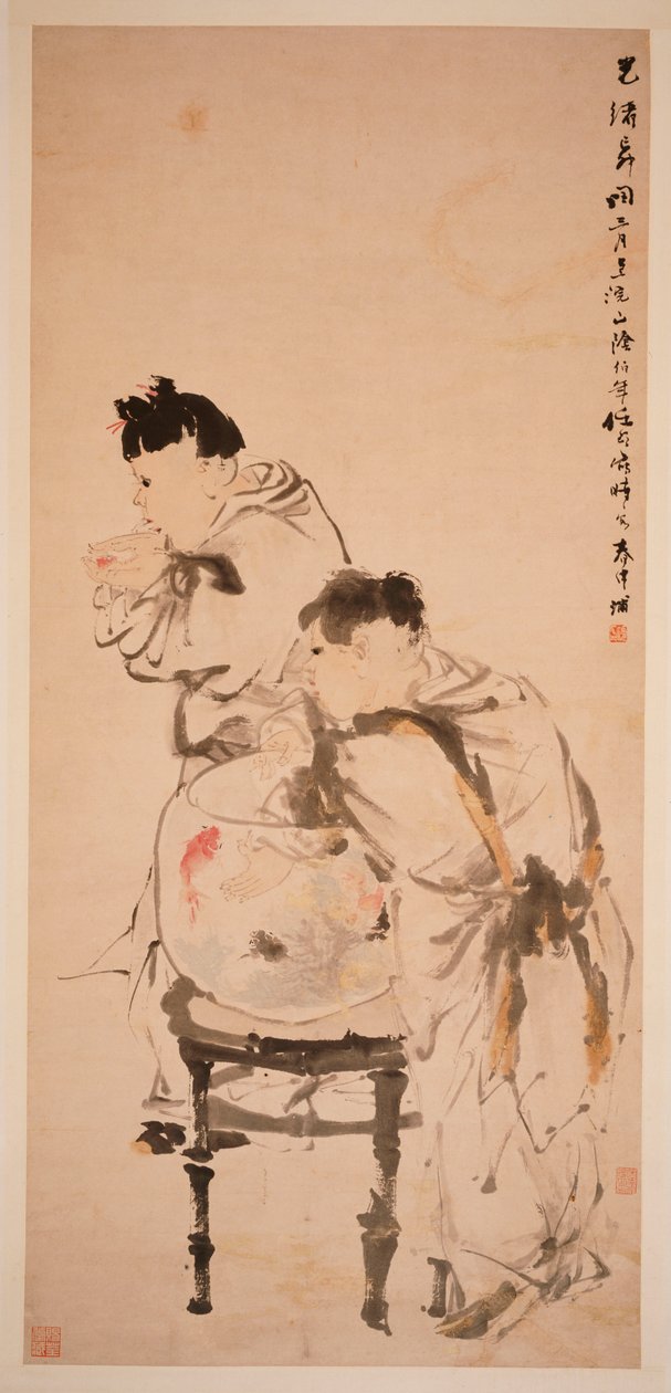 Due ragazzi che giocano con pesci rossi, 1879 da Ren Yi