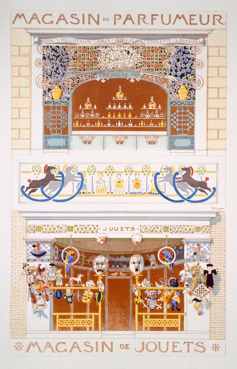 Due progetti di vetrine: un venditore di profumi e un negozio di giocattoli, c.1880-95 da Rene Binet
