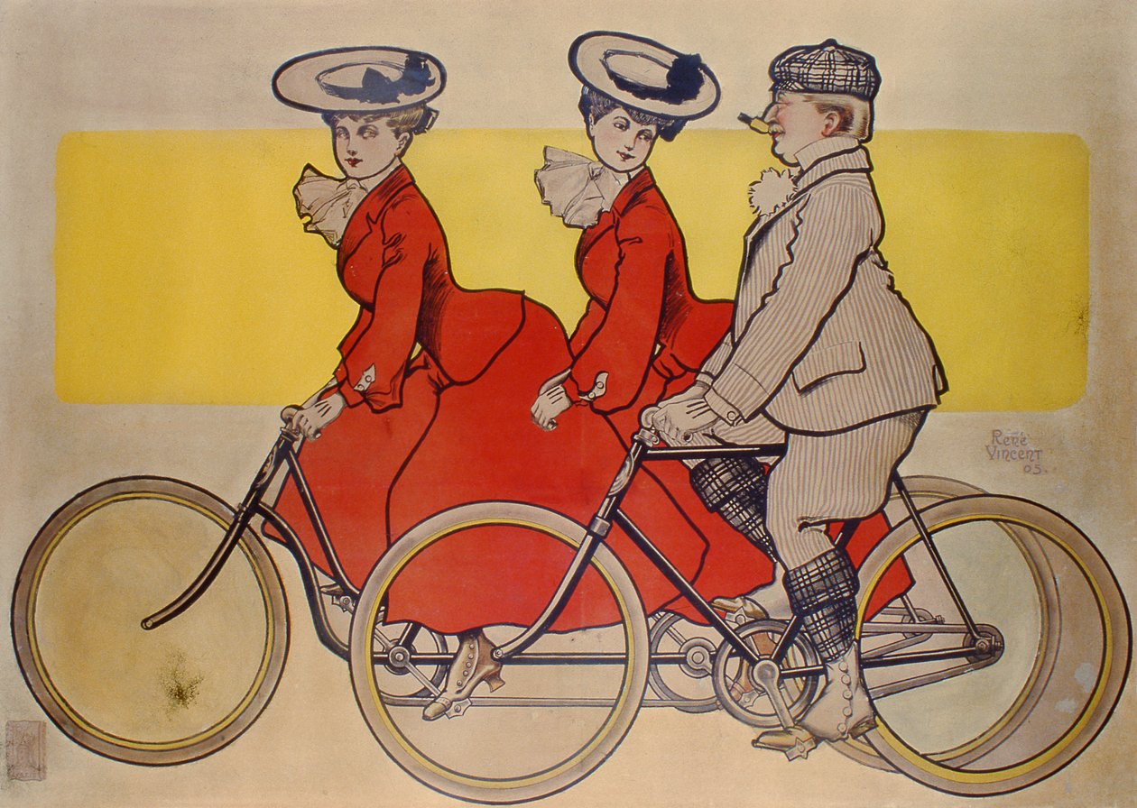 Uomo in bicicletta e donne in tandem, 1905 da Rene Vincent