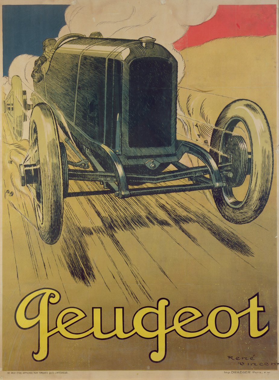 Poster pubblicitario di una Peugeot da corsa, c.1918 da Rene Vincent