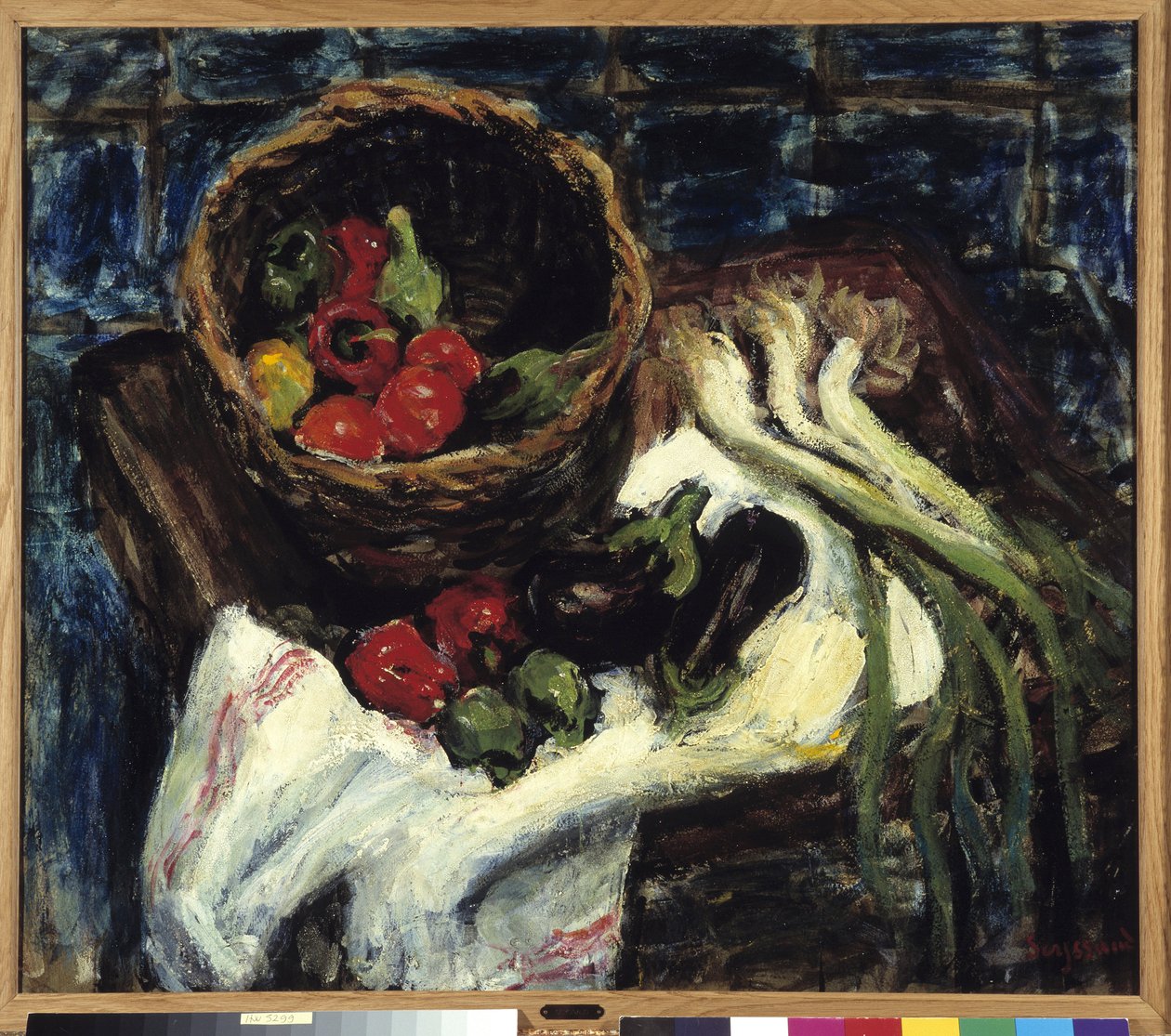 Natura morta in cesto di verdure Peperoni, melanzane e porri da Rene Auguste Seyssaud
