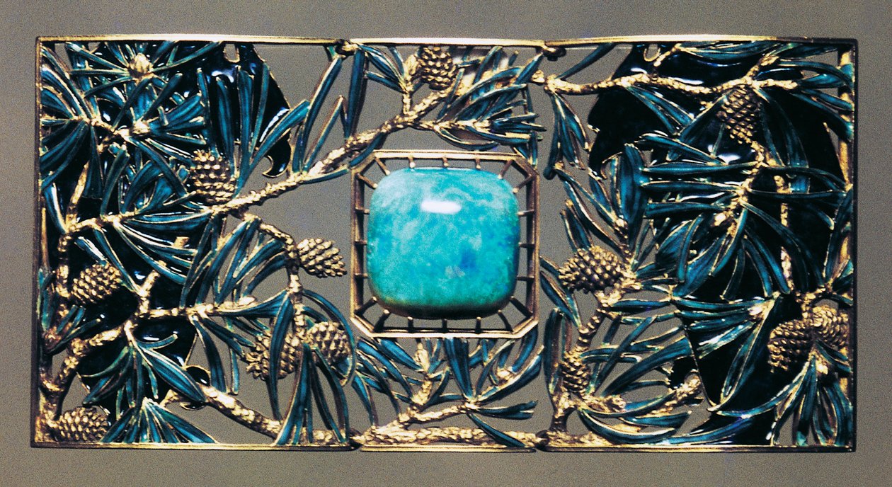 Aquila tra i pini, pendente a collana in oro, opale e smalto da Rene Jules Lalique