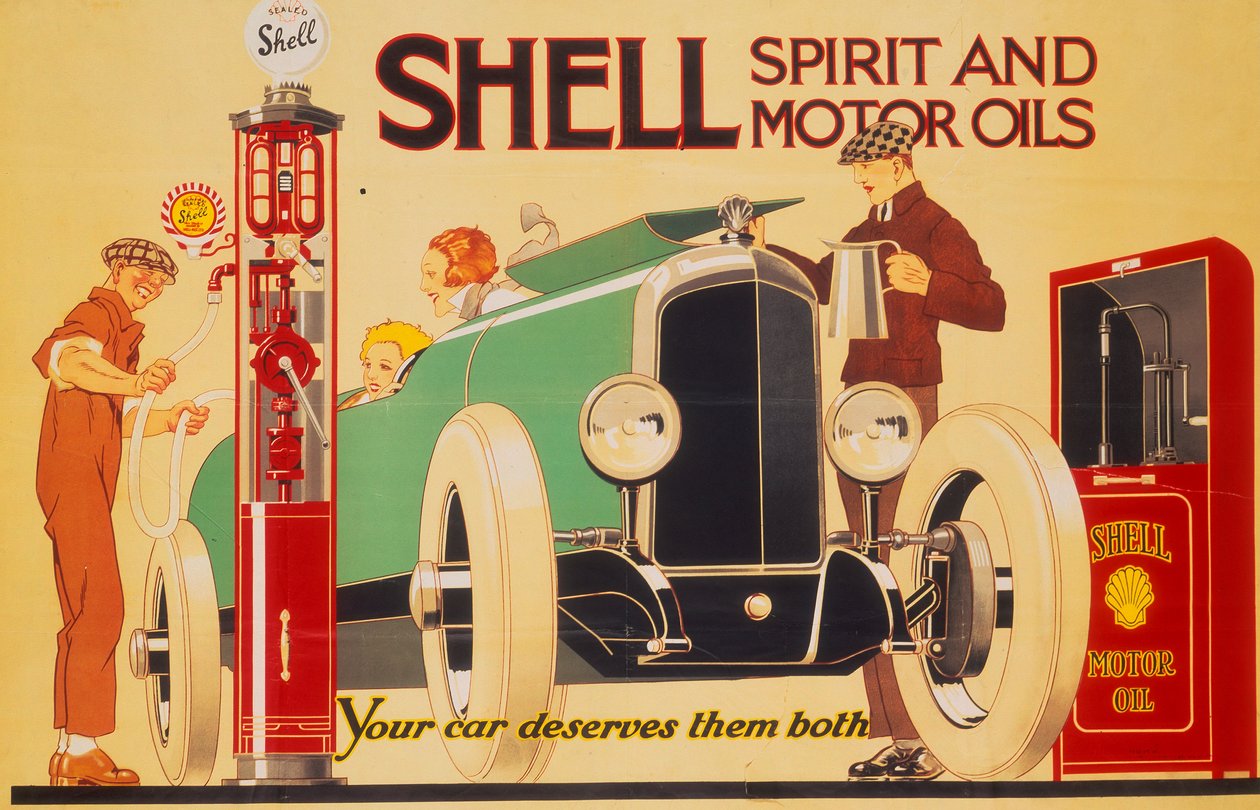 Poster pubblicitario per lo spirito e gli oli motore Shell da Rene Vincent