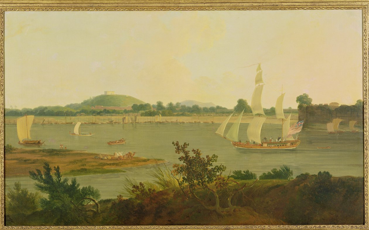 Pinnace che naviga lungo il Gange davanti al forte di Monghyr, c.1791 da Rev. Edward Thomas Daniell