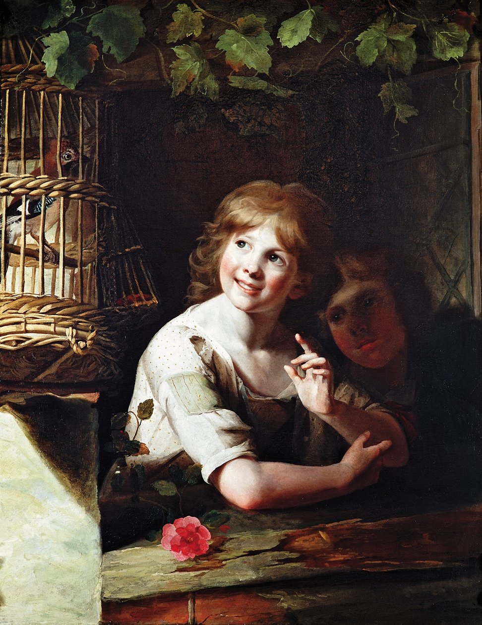 Due ragazze con una ghiandaia in una gabbia da Rev. Matthew William Peters