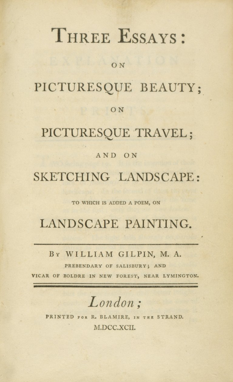 Pagina del titolo, da Tre saggi: sulla bellezza pittoresca, sul viaggio pittoresco e sul disegno...1792 da Rev. William Gilpin