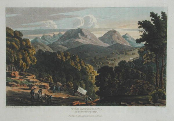 Trekatackaw a Plettenberg Bay, disegnato da uno schizzo originale di R. Cocking, pubblicato 1818 da Rev. Christian Ignatius (after) Latrobe