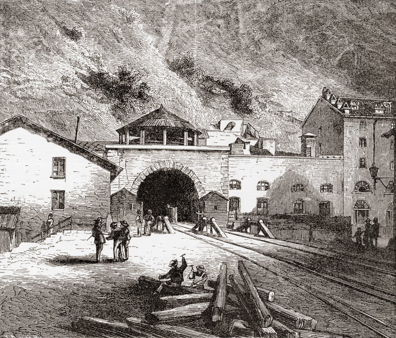 Il Tunnel Ferroviario del Fréjus, chiamato anche Tunnel del Moncenisio, Alpi Europee, dal lato italiano alla fine del XIX secolo. Da Immagini Italiane di Rev. Samuel Manning, pubblicato c.1890. da Reverend Samuel Manning