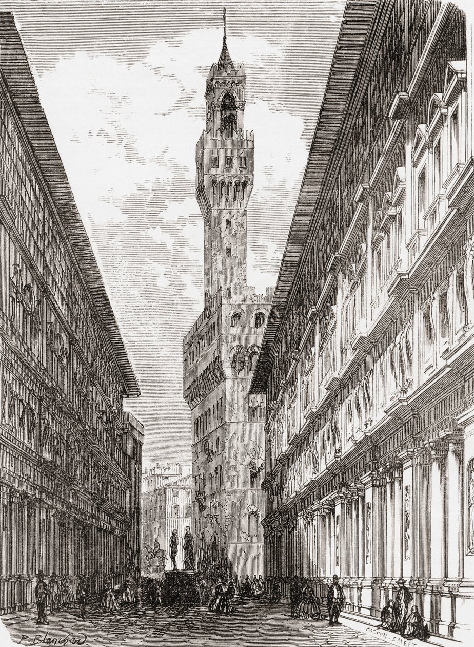 Gli Uffizi, il Palazzo Vecchio e la statua in Piazza della Signoria, Firenze, Italia alla fine del XIX secolo. Da 