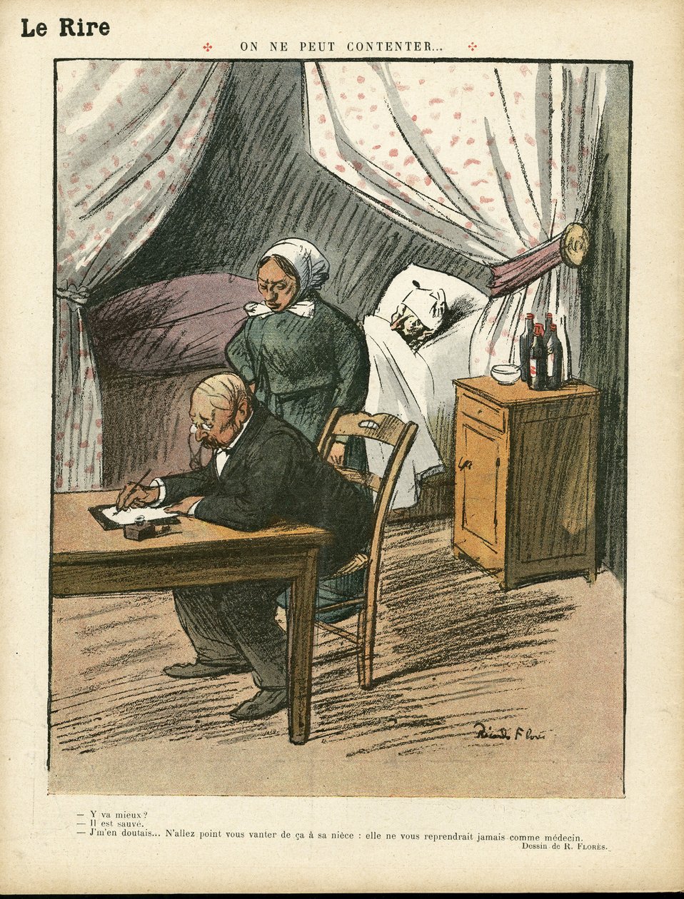 Illustrazione di Ricardo Flores (1878-1918) in Le Lire, 08/02/13 - Non si può soddisfare - Medico, Architettura interiore da Ricardo Flores