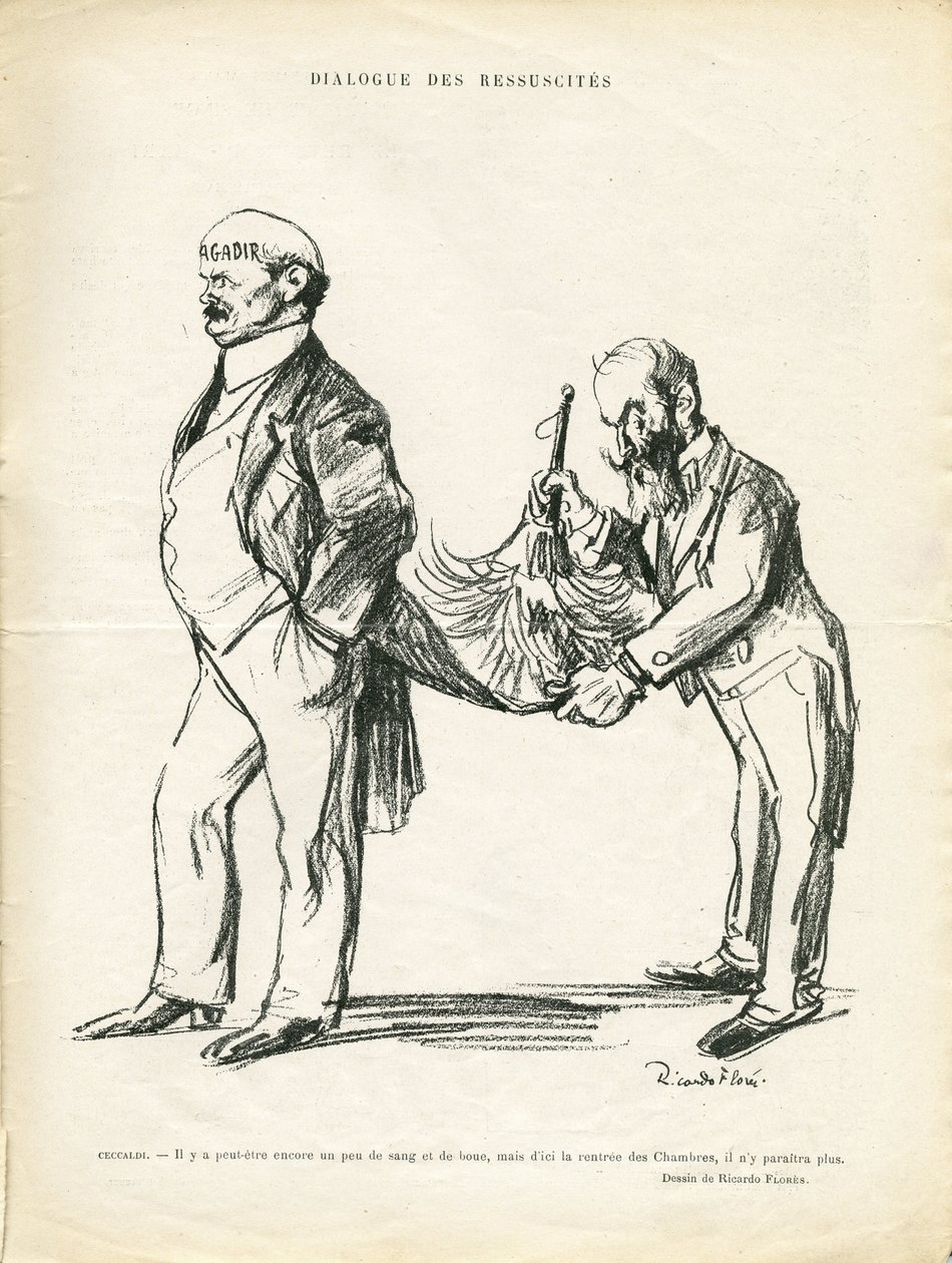 Illustrazione di Ricardo Flores (1878-1918) in Le Rire, 09/05/14 - Dialogo dei Risorti - Marocco, Agadir - Ceccaldi da Ricardo Flores