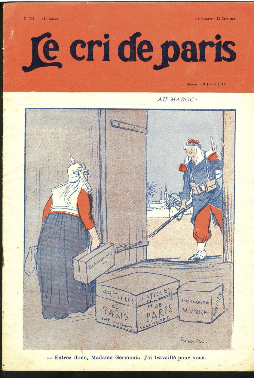 Illustrazione di Ricardo Flores (1878-1918) per la Copertina di Le Cri de Paris, 09/07/11 - "Entra cara signora, ho lavorato per te." - Germania Prussia, Marocco, Maghreb - Germania da Ricardo Flores