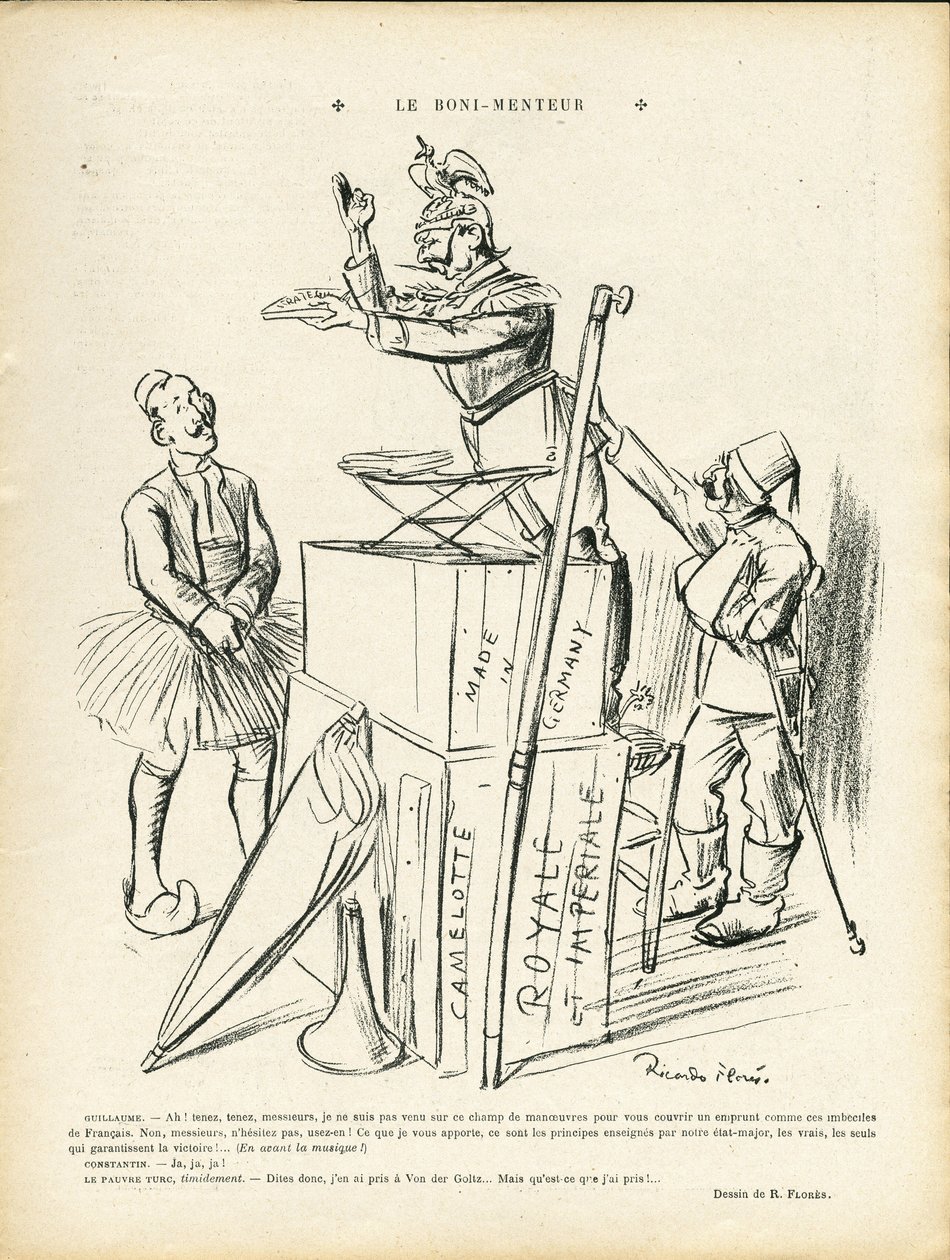 Illustrazione di Ricardo Flores (1878-1918) in Le Rire, 20/09/13 - Il Bugiardo - Germania Prussia, Turchia, Guerra del 14-18 Prime Topi - Guglielmo II da Ricardo Flores