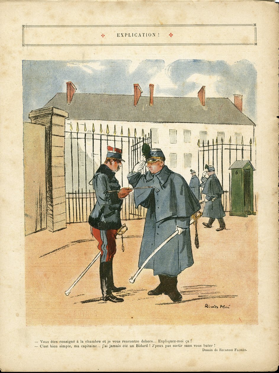 Illustrazione di Ricardo Flores (1878-1918) in Le Lire, 23/04/10 - Spiegazione - Esercito, Caserme da Ricardo Flores