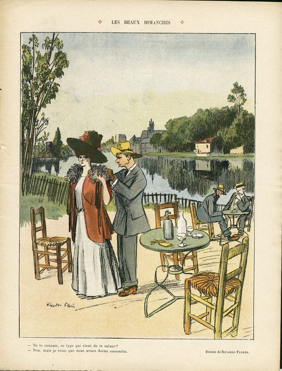 Illustrazione di Ricardo Flores (1878-1918) in Le Rire, 04/07/08 - Bei domeniche - Tempo libero, Natura Vegetazione, Architettura Urbanistica, Ristoranti Caffè, Marittimo da Ricardo Flores