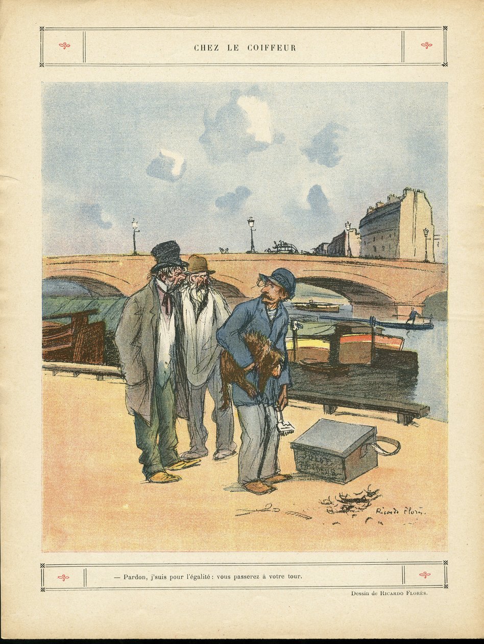 Illustrazione di Ricardo Flores (1878-1918) in Le Rire, 05/10/12 - Dal barbiere - Parigi, Mestieri, Architettura Urbanistica, Ponte, Fiume - Cane, Barbiere da Ricardo Flores