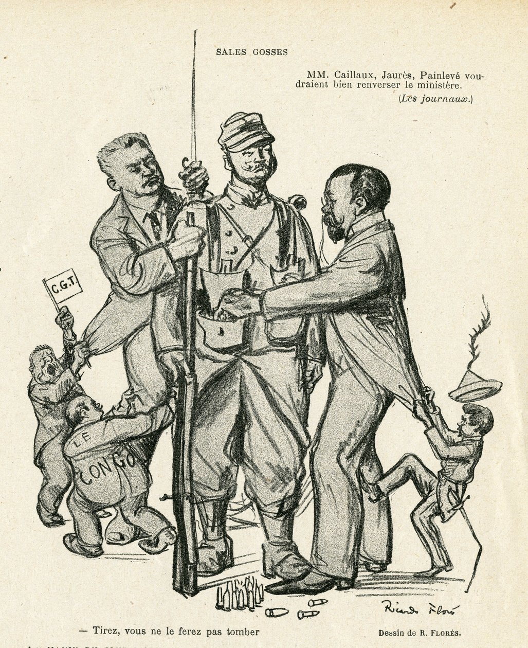 Illustrazione di Ricardo Flores (1878-1918) in Le Rire, 21/06/13 - Bambini in vendita - Esercito, Servizio Militare, Socialismo - Jaurès Jean, Caillaux Joseph (1863-1944), Painlevé Paul (1863-1933) da Ricardo Flores