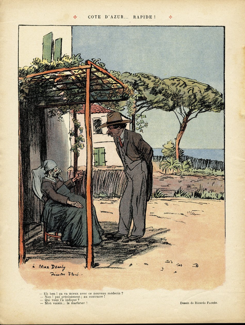 Illustrazione di Ricardo Flores (1878-1918) in Le Rire, 24/02/12 - Costa Azzurra... rapidità - Medico, Campagna, Marina, Costa Azzurra da Ricardo Flores