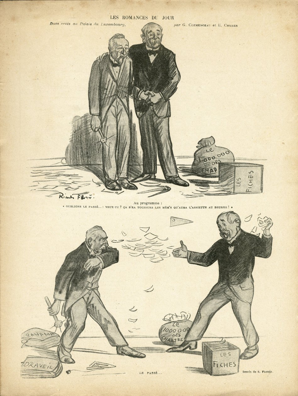 Illustrazione di Ricardo Flores (1878-1918) in Le Rire, 28/12/12 - Romanzo del giorno - Caso di Panama, Caso di registri, Repressione - Milione dei Certosini - Combes Emile (1835-1921), Clemenceau George da Ricardo Flores