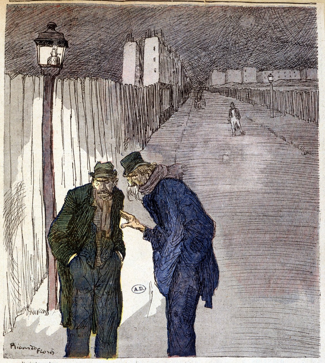 Due uomini che chiacchierano in un vicolo sinistro - disegno di Ricardon Florès da Ricardo Flores