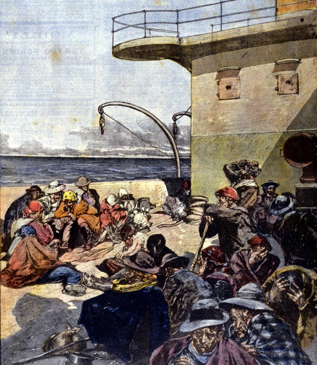 Emigrazione italiana in Canada; il viaggio a bordo del Lake Megantic è stato effettuato in condizioni piuttosto difficili. Ill. di R. Pellegrini. La Domenica del Corriere. 02/06/1901. da Riccardo Pellegrini