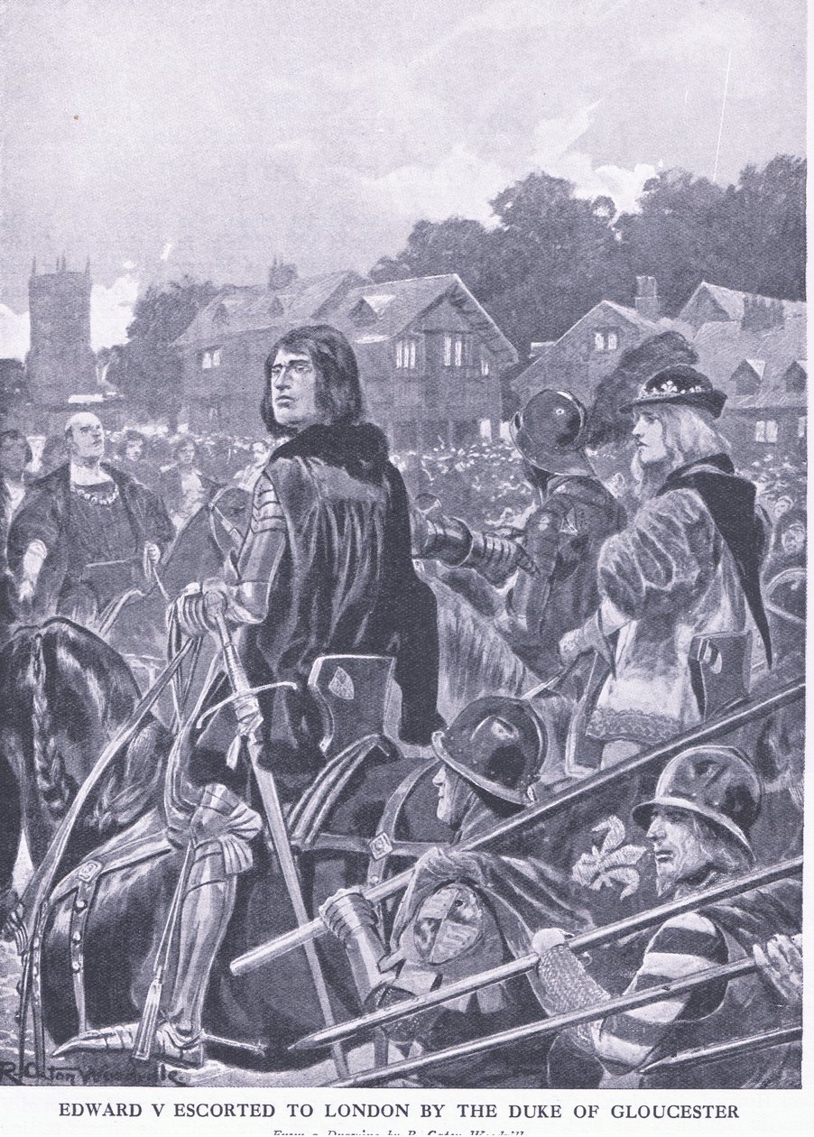 Edoardo V scortato a Londra dal Duca di Gloucester, da La Storia del Popolo Britannico di Cassell pubblicato da Waverley Book Company Limited, c.1940 da Richard Caton Woodville junior
