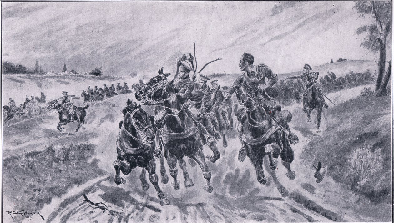 Artiglieria britannica che si posiziona alla Battaglia di Mons, da La Grande Guerra The Amalgamated Press Limited, 1914 da Richard Caton Woodville