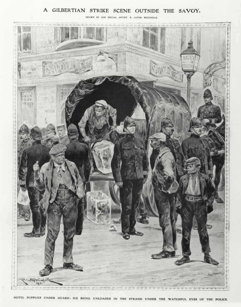 Una scena di sciopero gilbertiana fuori dal Savoy, 1910 da Richard Caton after Woodville
