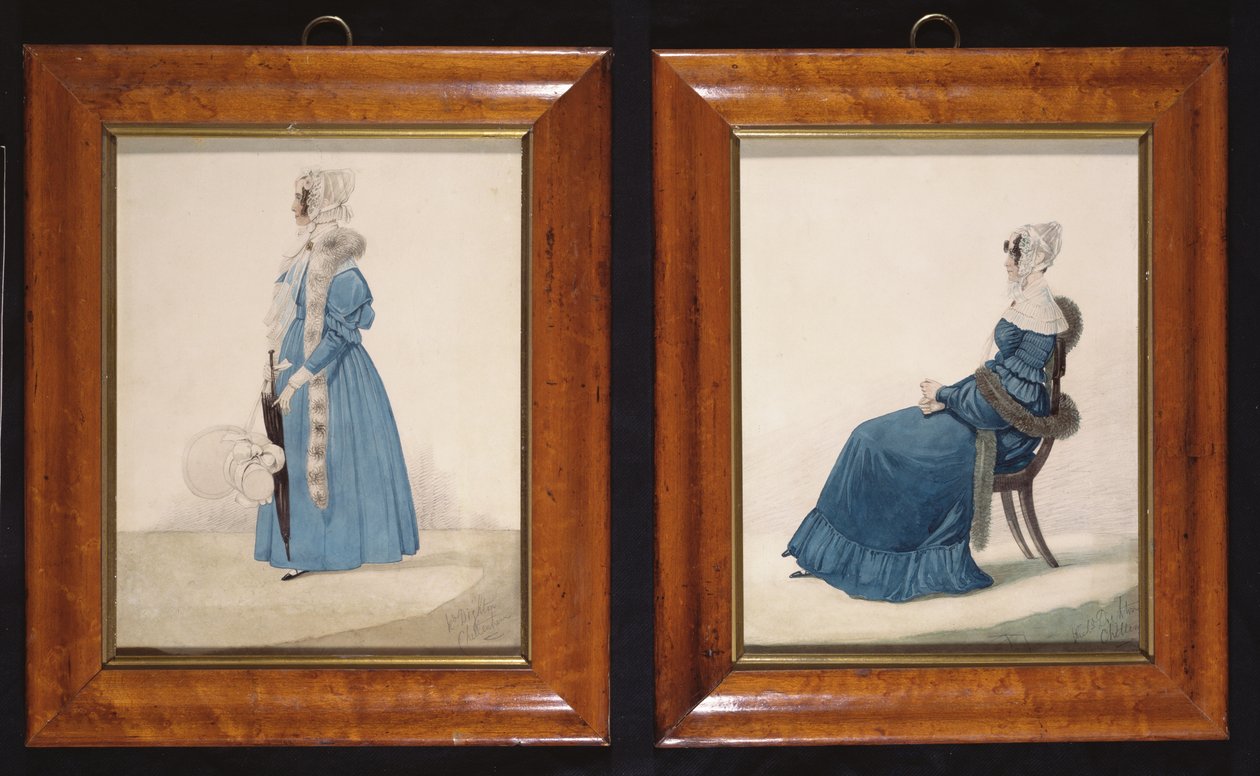 Due ritratti di una signora seduta e una signora in piedi in abiti blu, c.1830 da Richard Dighton