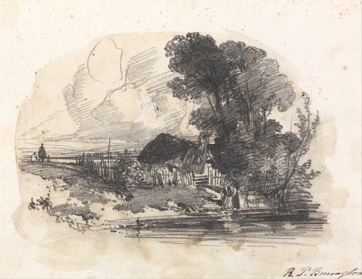 Alberi e un cottage vicino a un fiume da Richard Parkes Bonington
