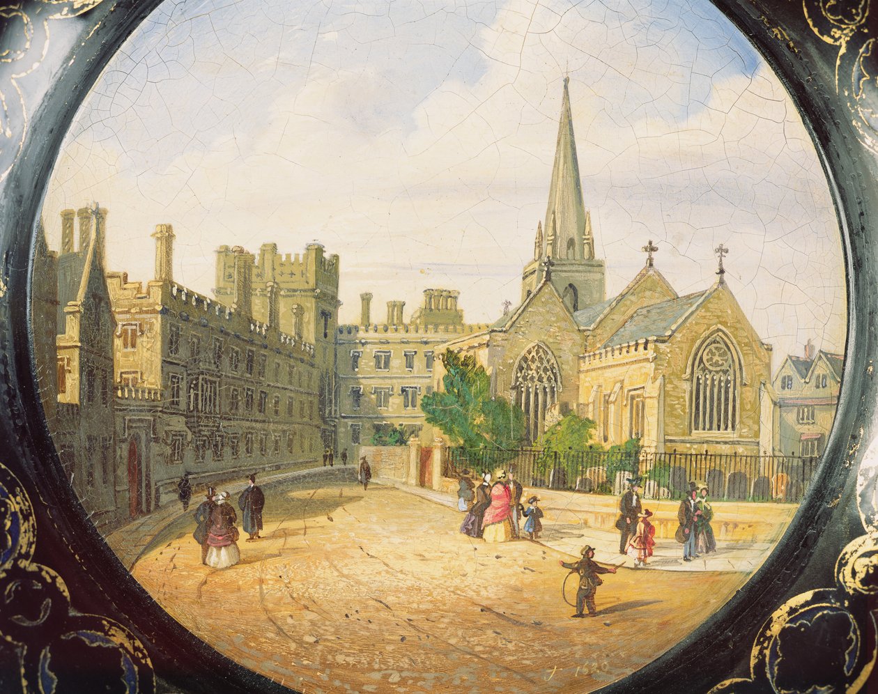 Vassoio vittoriano decorato con una scena del Pembroke College, Oxford e la chiesa di St. Aldate da Richard Phene and Benjamin W. Spiers