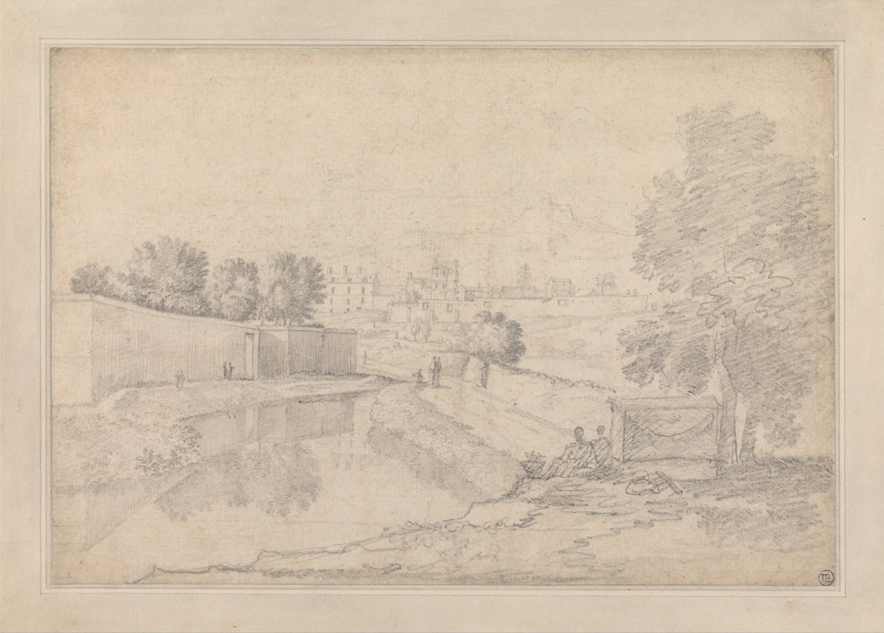 Paesaggio italiano con fiume che scorre tra muro alto a sinistra e alta sponda a destra verso un piccolo... da Richard Wilson