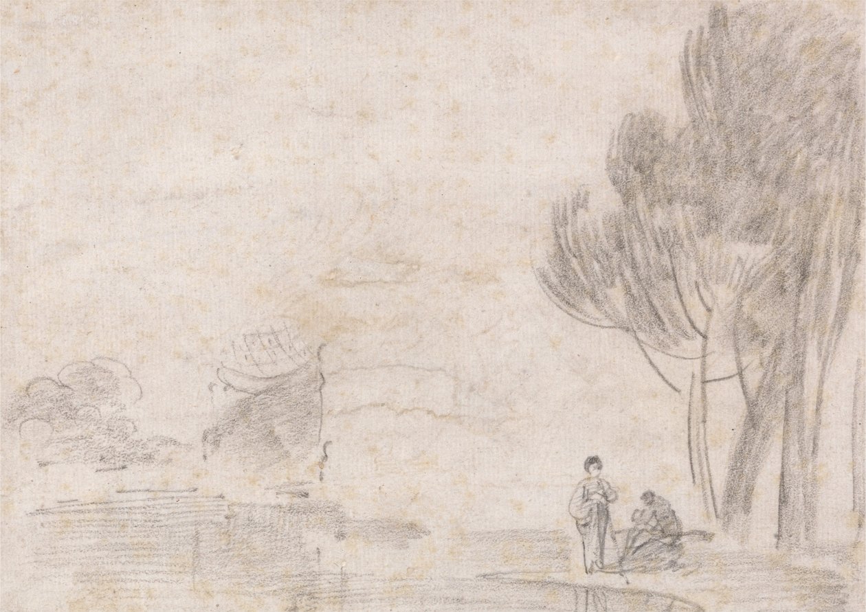 Tempio in rovina di Minerva, due figure sulla riva del fiume da Richard Wilson