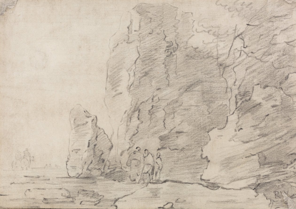 Tre figure in piedi vicino a scogliere rocciose, due cavalieri in lontananza a sinistra da Richard Wilson