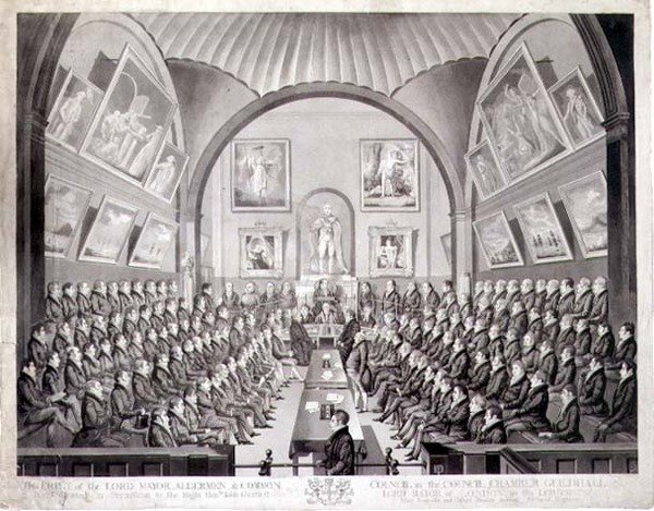 Il Sindaco, gli Aldermen e il Consiglio Comunale nella Sala del Consiglio Guildhall, Londra, inciso da Thomas Sutherland (pub. 1825) (litografia) da Richard (after) Dighton