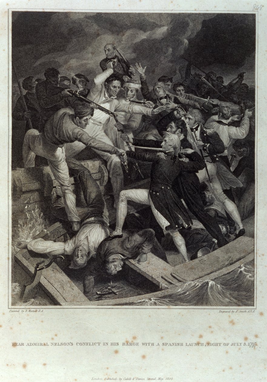 Il conflitto del retroammiraglio Nelson nella sua barca con un lancio spagnolo, notte del 3 luglio 1797, inciso da A. Smith, pubblicato da Cadell & Davies, maggio 1809 da Richard (after) Westall