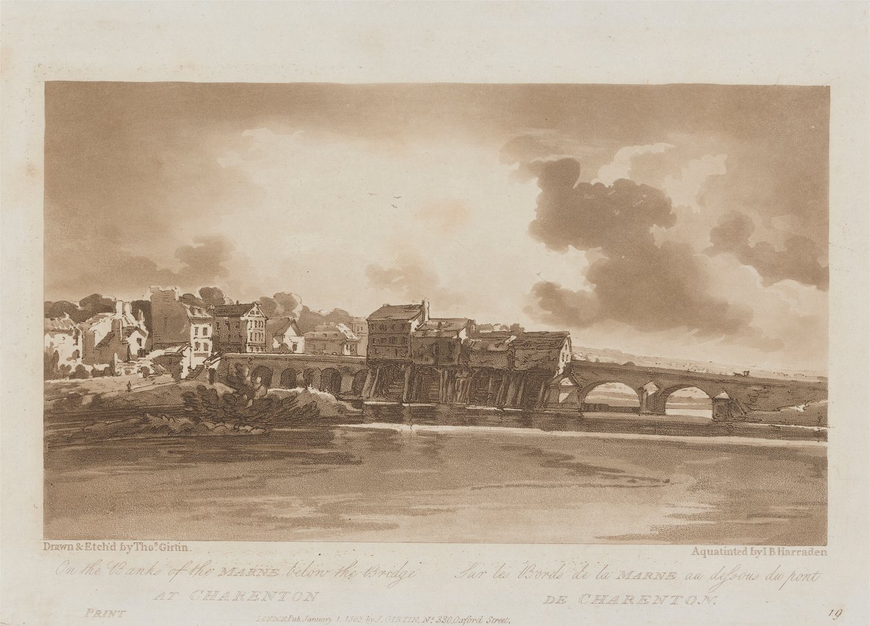 Sulle rive della Marna sotto il ponte di Charenton 1803; Tavola 19 da Vedute di Parigi, il volume Emanuel tracciato della tavola B1981.25.2628 da Richard Banks Harraden