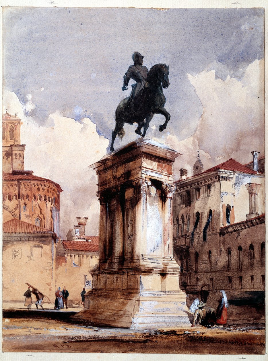 Statua equestre del Colleoni di Verrocchio a Venezia, piazza della chiesa di San Giovanni e Paolo. Acquerello di Richard Parkes Bonington da Richard Bonington
