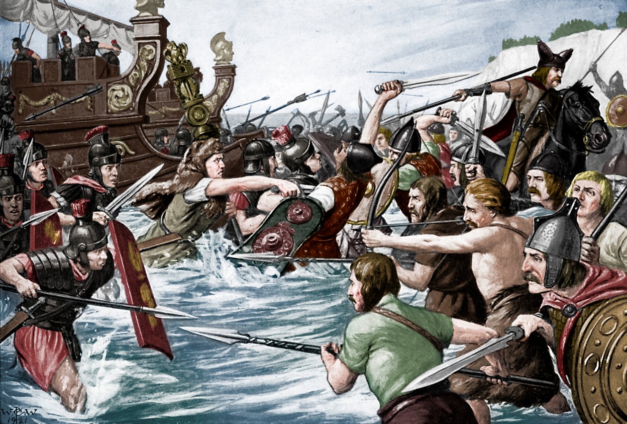 Lo sbarco di Giulio Cesare in Britannia, 55 a.C., c1920s da Richard Caton II Woodville