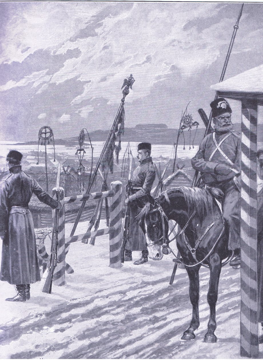 Una stazione cosacca in Manciuria con segni tribali sopra le capanne degli uomini, illustrazione da Cassells History of the Russo-Japanese War Vol 1, c.1900 da Richard Caton Woodville