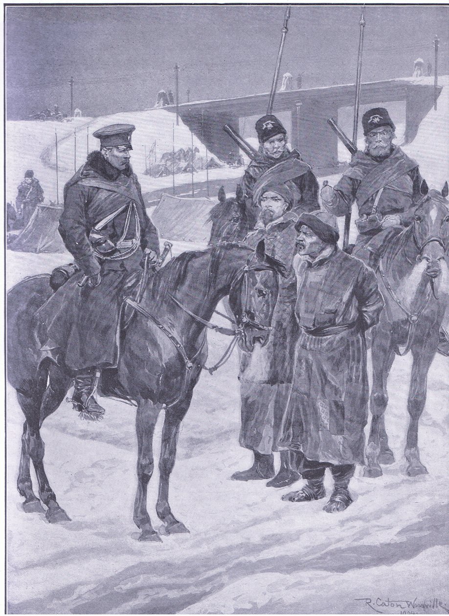 Arresto di spie giapponesi scoperte come coolies, illustrazione da Cassells History of the Russo-Japanese War Vol 1, c.1900 da Richard Caton Woodville