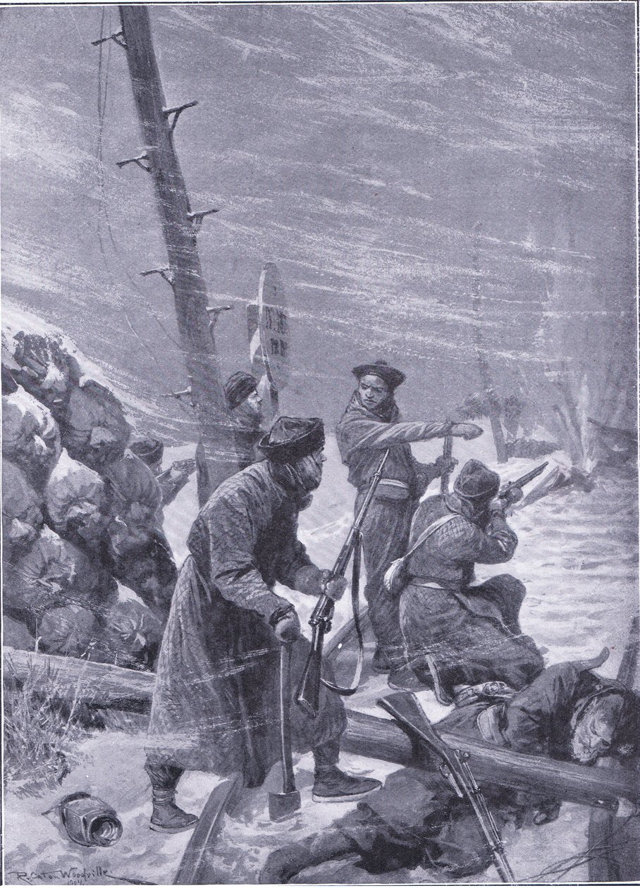 Attacco alla ferrovia da parte dei Chunchuses, illustrazione da Cassells History of the Russo-Japanese War Vol 1, c.1900 da Richard Caton Woodville