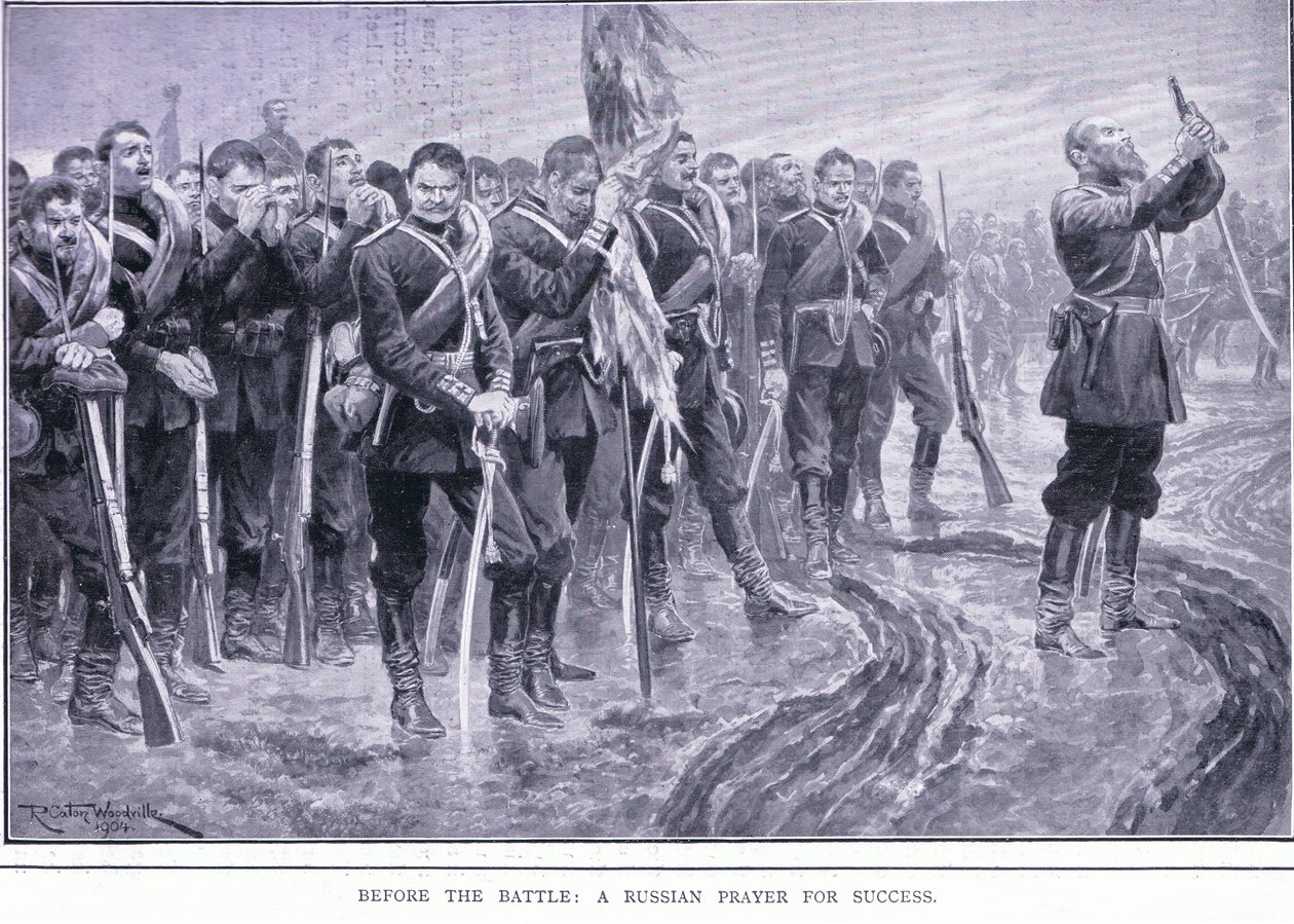 Prima della battaglia: Una preghiera russa per il successo, illustrazione da Cassells History of the Russo-Japanese War Vol 1, c.1900 da Richard Caton Woodville